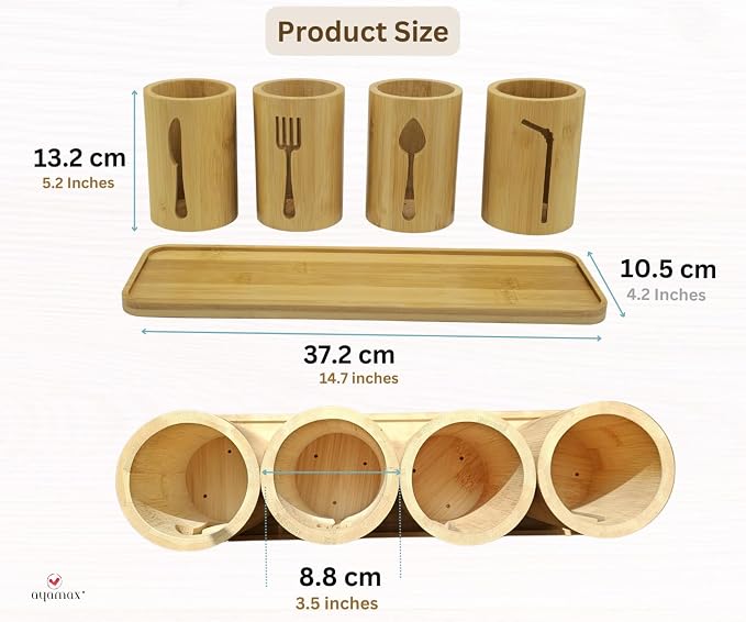 Bamboo Cutlery Holder Set - 4 kitchen Utensils Holder with Bamboo Tray | Decorative kitchen countertop Cutlery Stand | Utensil holder - knife, fork Spoon and Straw holders