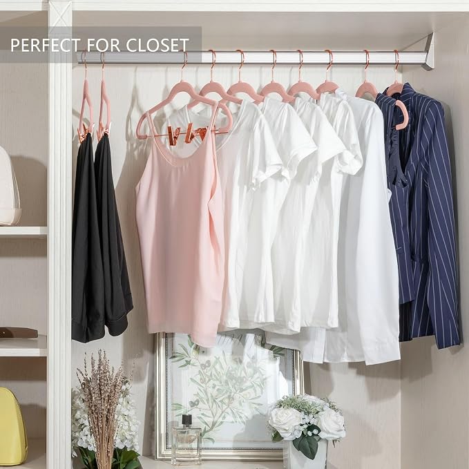 MIZGI Premium Velvet Pants Hangers with Clips (Pack of 30) Slim Skirt Hangers- Non Slip Felt Outfit Dress Hangers Blush Pink - Copper/Rose Gold Hooks,Space Saving Shirt Clothes Hangers
