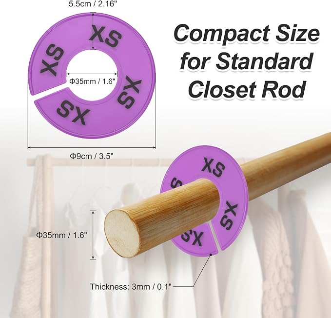 PATIKIL Clothes Dividers for Hanging Clothes, 40 Pack 8 Sizes Round Pre-written Clothing Rack Dividers Size Mark Label Sorting Separator for Closet, Lavender
