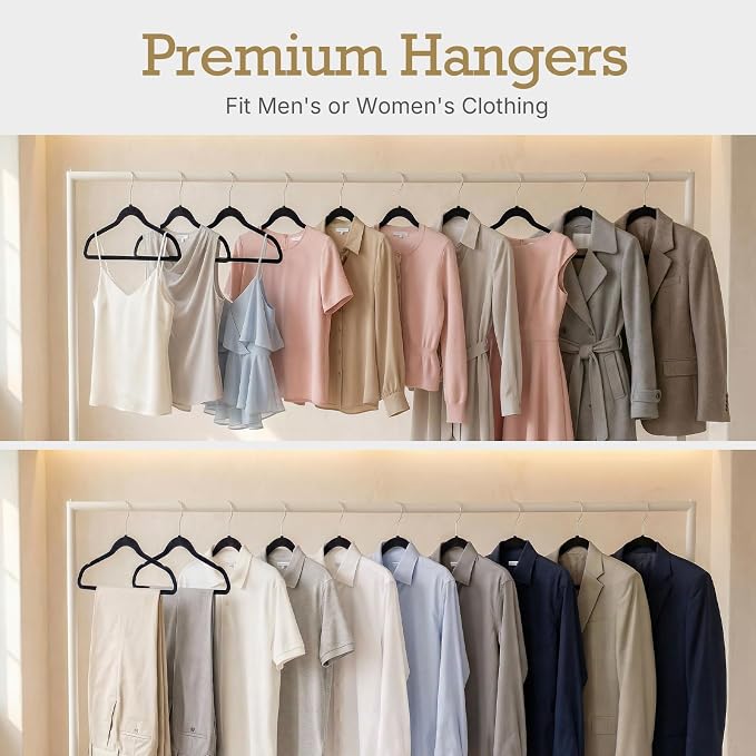 HOUSE DAY Black Velvet Hangers 40 Pack, Non Slip Clothes Felt Hanger Heavy Duty for Coat, Premium Slim Space Saving Suit Hangers for Closet Organizer, 360° Rotating Silver Hook