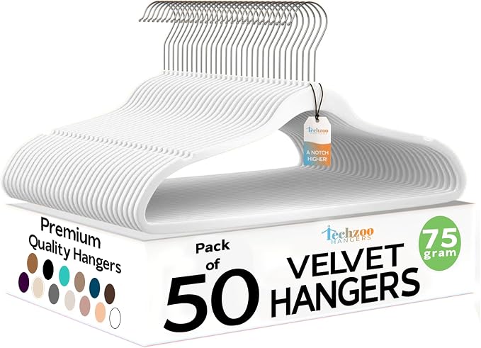 Techzoo Premium Velvet Hangers 50 Pack Ultra Thin Non Slip Adult Felt Space Saving Slim Suit Hanger for Closet Heavy Duty Coat Pants Jackets Dress Hangers 360° Swivel Hook Hold Upto 10 lbs White
