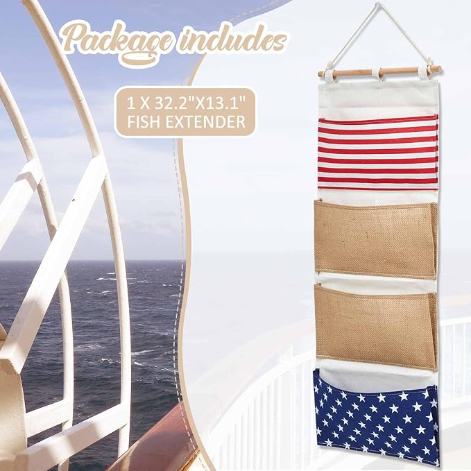 Juexica Fish Extender 32.3 x 13.2 Inch Hanging Pockets 4 Pocket Innovation Storage Bag Hanging Organizer Linen Cotton Wall Storage Bag for Cruise Cabin Door Closet Gifts(1 Pcs)