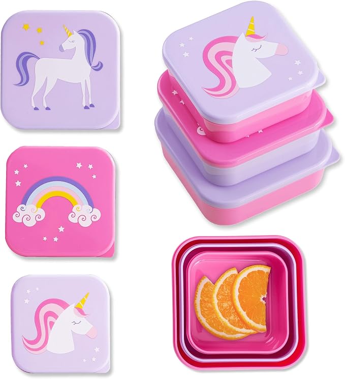 Wildkin Set of 3 Kids Nesting Food Containers for Girls – Stackable, Airtight & BPA-Free Snack Containers, Dishwasher Safe Lunch Box Containers for School & Travel, Ages 3–12 – Unicorn