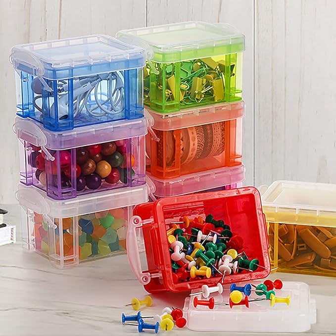 Hiceeden 24 Pack Mini Plastic Storage Bins with Lid, 3.3"×2.6"×2" Clear Latch Small Storage Box, Stackable Organizer Container for Crafts, Jewelry Beads, Office Supplies, 8 Colors