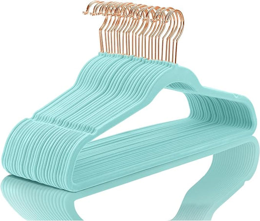 MIZGI Premium Velvet Hangers - Heavy Duty Non Slip Felt Hangers (50 Pack) - Aqua Blue & Rose Gold Hooks, Space Saving & Durable for Suits & Coats