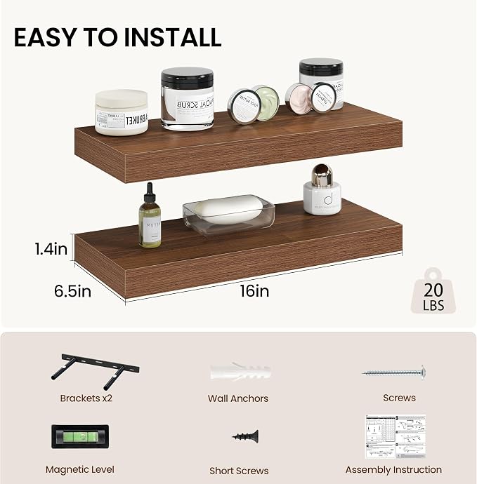 Vivelove 12 Inch Floating Shelves Wall Mounted for Display, 6.5 Deep Duty Shelves with Invisible Brackets for Living Room,Bedroom,Kitchen, Bathroom Storage & Decor,12" Wx6.5 Dx1.4 H - Rustic Brown