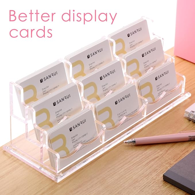 SANRUI Clear Horizontal Business Card Holder Stand for Desk, Acrylic Desktop Display Name Cards Holders Organizer Storage Rack,for Exhibition, Home, Office,3 Tier 9 Pocket, 540 Card Capacity