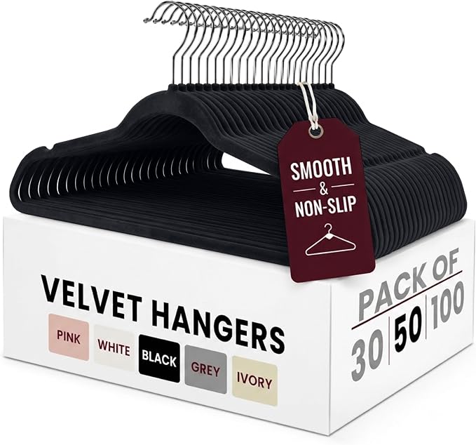 LDC Black Velvet Hangers 50 Pack - Premium Non-Slip Clothes Coat Pants Felt Hanger for Closet - Heavy Duty Space Saving 360° Swivel Hook Hangars - Black
