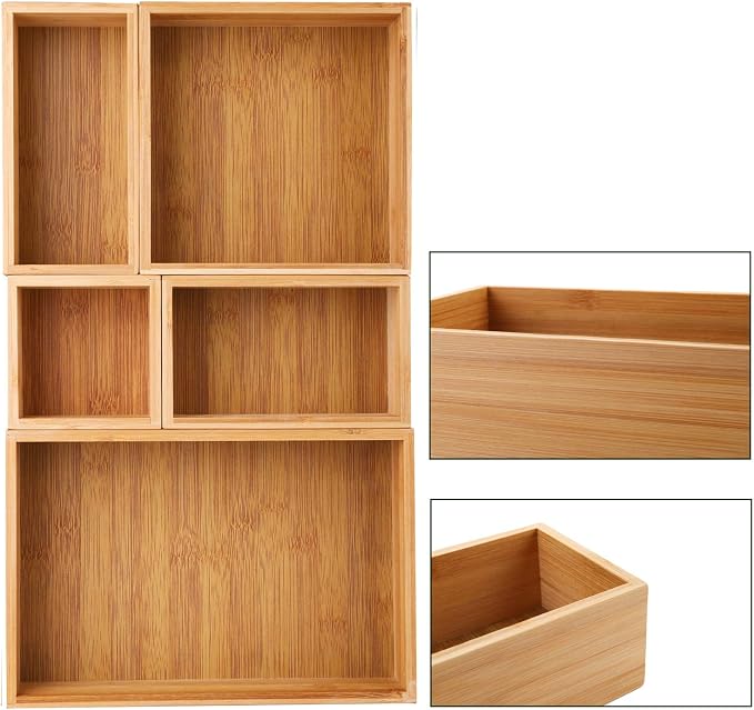 Lawei Set of 5 Bamboo Drawer Organizer Boxes, Desk Storage Box Kit, Drawer Storage Containers Tray Bins for Office, Kitchen, Bedroom, Children Room, Craft, Sewing