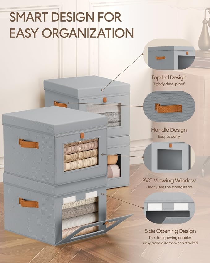 Homsorout Storage Bins with Lid – Closet Organizer with Side Opening and Clear Window, Foldable Stackable Fabric Basket for Clothes, Home, Office - 13.77" x 11.8" x 9.8", 6 Pack, Grey