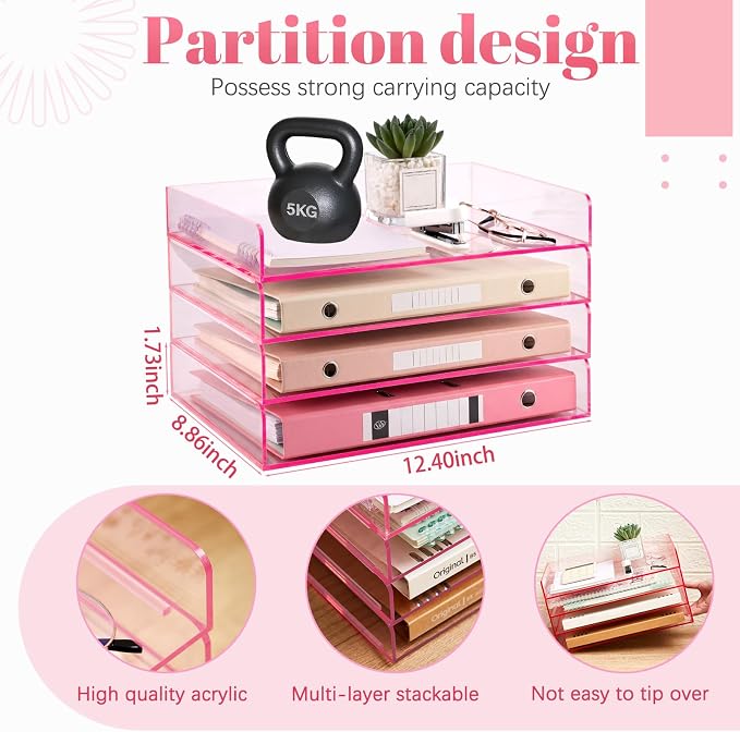 Harloon 4 Tier Clear Hot Pink Acrylic Paper Organizer Letter Tray, Aesthetic Stackable Low Profile Desk File Organizer Modern Heavy Duty Paper Holder Tray for A4, Office Home File Pad Books Notes