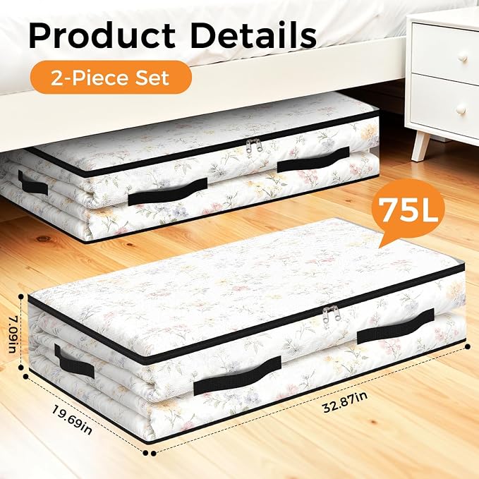 2 Pack Under Bed Storage Bags, 75L Foldable Clear Storage Containers with Handles, Dual Zippers for Comforter, Clothes, Bedding, Linen Sheets, Sweaters, Blanket Storage