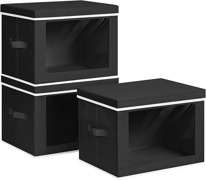 Homsorout Large Storage Baskets Bins with Lids - Stackable Cube Bins for Closet, 3 Pack Black Windows Organizer Bins, Home Organizers and Storage for Clothes, CD, Towels