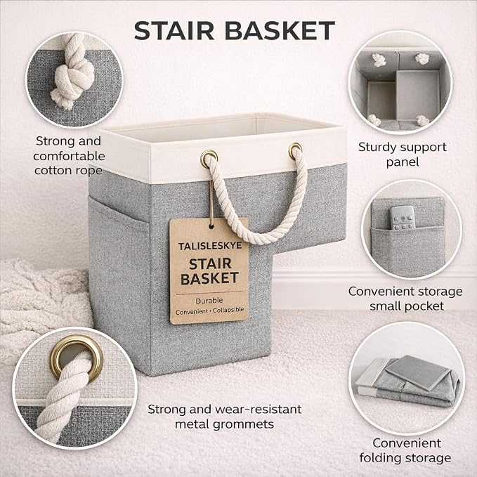 Stair basket,Foldable staircase baskets,Step stairs storage baskets with handle,2pcs