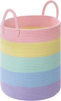 Laundry Hamper for Organizing, 52L Large Laundry Baskets, Cotton Rope Woven Blanket Basket, Collapsible Laundry Hamper for Living Room, Nursery, 15"×18", Light Rainbow