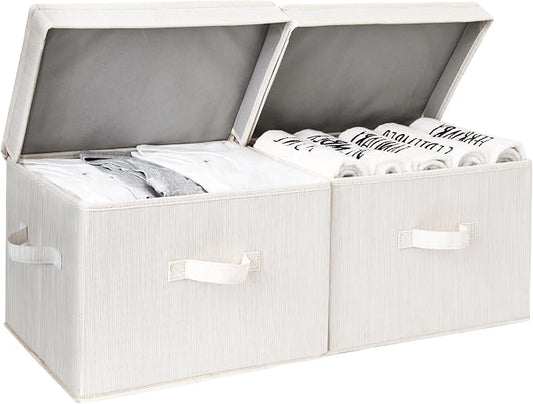 StorageWorks Fabric Storage Bins with Lid, Decorative Storage Boxes for Shelves, Stackable Closet Organizer Basket with Handles, Large, Mixing of Beige, White & Ivory, 2-Pack