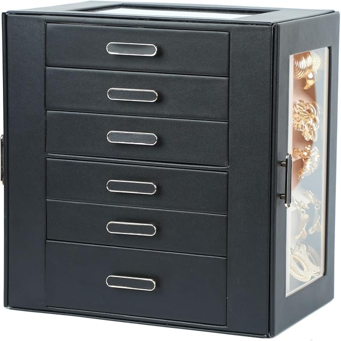 BOOVO Clear Lid Jewelry Box,6 Layers Jewelry Organizer Large Jewelry Storage Box with 6 Drawers,Jewelry Holder Organzier of Rings Earrings Necklace Bracelets for Women (Black, 6 Layer)