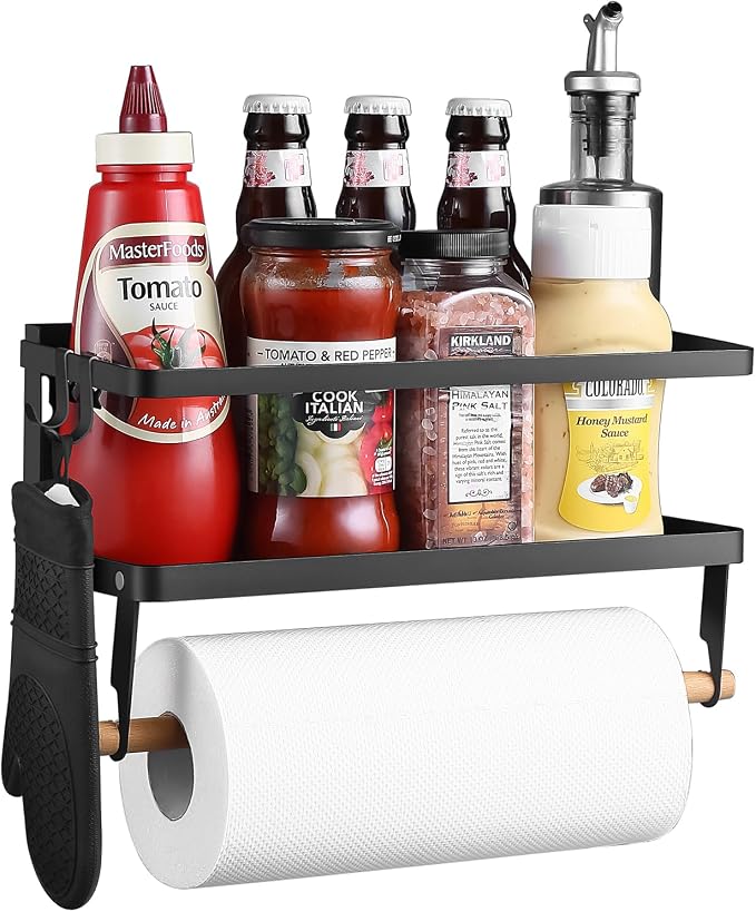Magnetic Shelf with Paper Towel Holder | For Fridge/Washing Machine/Garage, Kitchen Spice Rack for Refrigerator, Wall Mount Storage Organizer