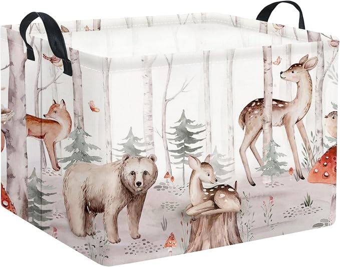 Rectangular Woodland Animal Basket Kids Baby Storage Basket Cute Storage Bin Organizer Shelf Book Woodland Room Decor(Woodland Animal)