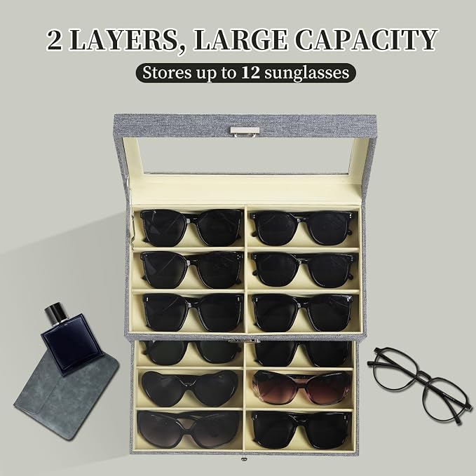 AUTOARK Linen Eyeglasses Storage Case Organizer,12 Piece,Grey,AW-096 | Sunglass Display, Drawer Lockable