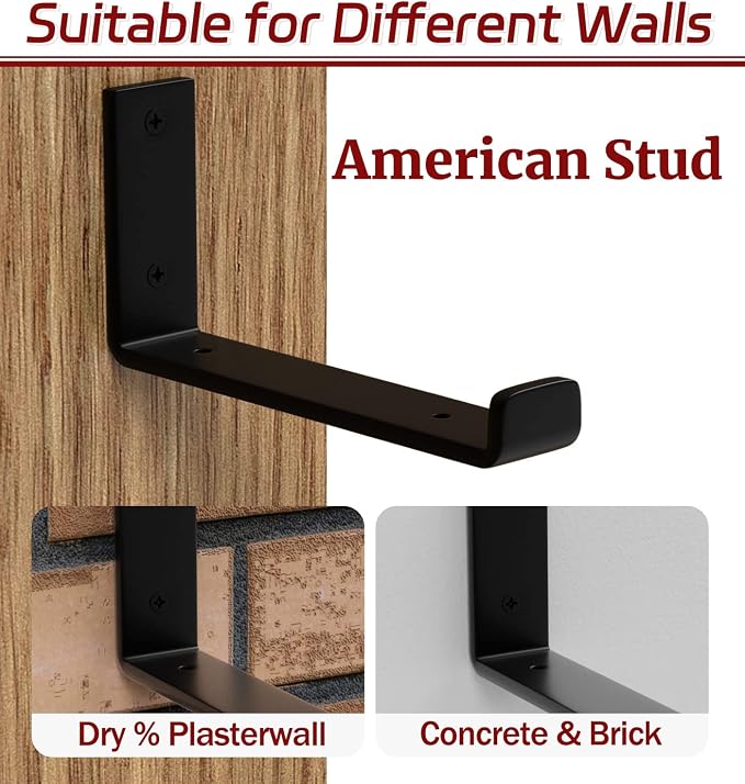 8-Pack - 9.25" L x 6" H x 1.5" W Shelf Bracket, 1/5” Thick Iron Metal Wall Rustic Industrial J Lip Floating Shelf Bracket