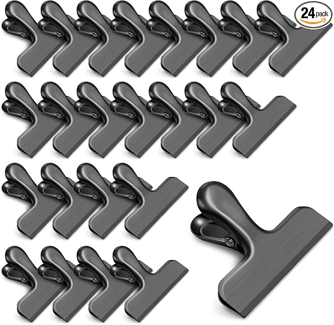 24 Pack Chip Clips, Stainless Steel Bag Clips for Food, Chip Bag Clip Heavy Duty, Food Clip Ideal for Kitchen Office Storage (Black)