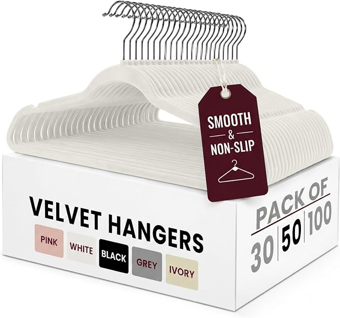 White Velvet Hangers 50 Pack, Slim Non-Slip Felt Hangers - LUX Décor | Shoulder Notches, Holds up to 10 lbs, Space Saving Clothes Hanger, 360 Swivel Hook, Suit Coat Dress Pants, Closet Organizer