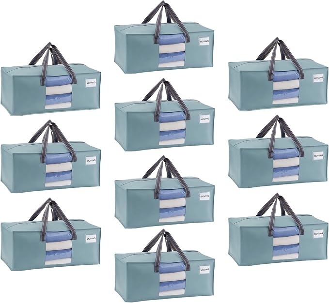 VENO 10 Pack Heavy Duty Moving Bags, Packing Bags with Clear Window, Alternative to Moving Boxes, Storage Bins for Clothes, Blankets, Comforters, College Dorm Essentials (Light Blue Matte,10 Pack)