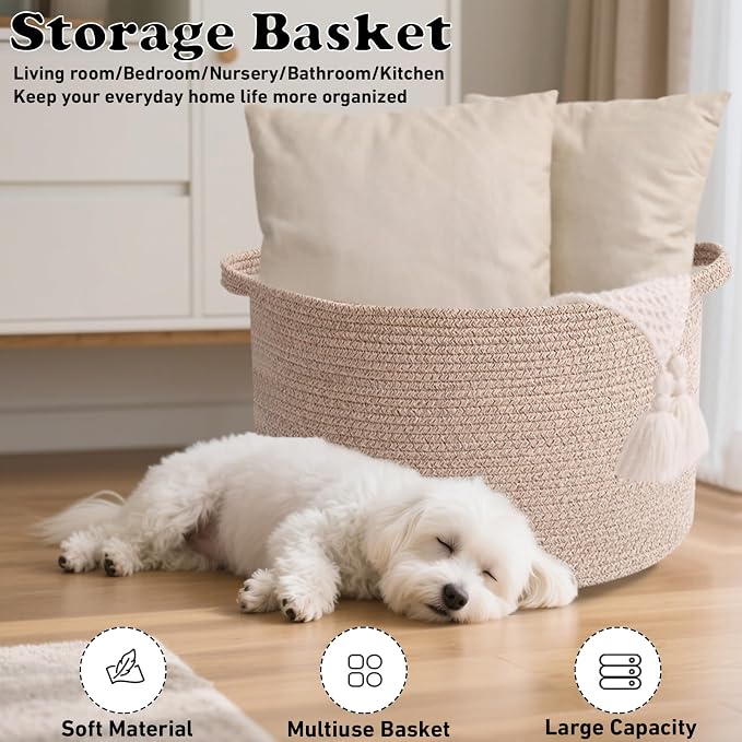 115L Large Blanket Basket,23.6" L x 23.6" W x 15.7" H Rope Woven Baskets with Handles, Toys Storage Bins,Laundry Basket Perfect for Living Room, Nursery,Bedroom,Home Organization,Brown