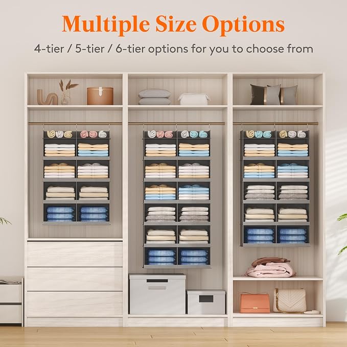 Lifewit Dual-Row Shelf Hanging Closet Organizer and Storage, Clothes Shelves with 3 Sturdy Hooks for Clothing Organization, Foldable Container Hold Up to 24 Sweaters, 4 Tier 8 Sections, Gray
