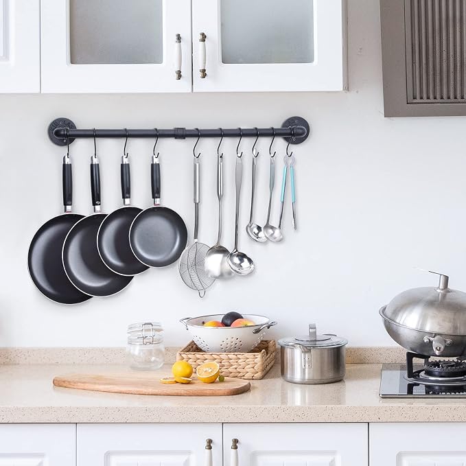 WuGeShop 38 Inch Pot Rack Hanging, Pot Rack Wall Mounted with 10 S Hooks, Kitchen Lids Utensil Spatula Hanger Organizer, Black