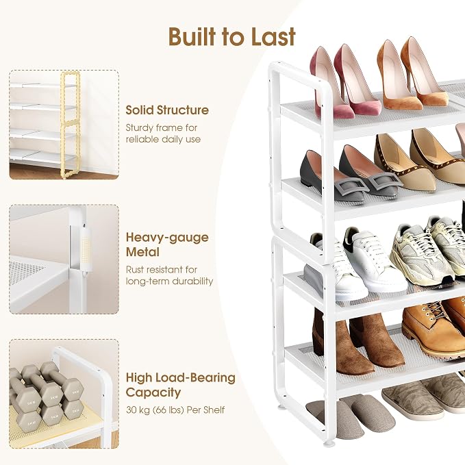 SAYZH Expandable Shoe Rack for Closet, Adjustable Metal Shoe Organizer with Sturdy Mesh Shelves for Boots & Heels, Stackable Shoe Storage for Entryway, Garage, Small Spaces (White, 4-Tier)