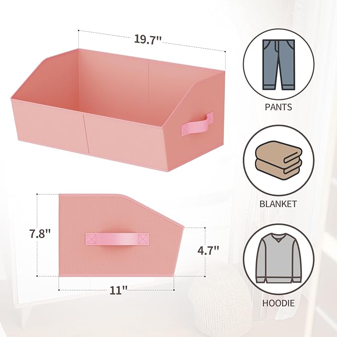 Homsorout Storage Bins for Shelves - Large Trapezoid Closet Shelf Organizer, Fabric Organization Bins with Handles, Storage Baskets for Clothes, Towel, Purse, 6 Pack, Pink