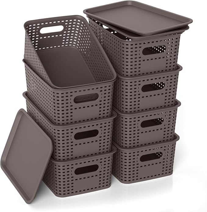 Plastic Storage Basket with Lid, Stackable Small Box Bins for Organizing and Containers for Shelves Drawers Desktop Closet Playroom Pantry Classroom Office Home, 8 Pack 10.2x7.2x4.1 Inch, Brown
