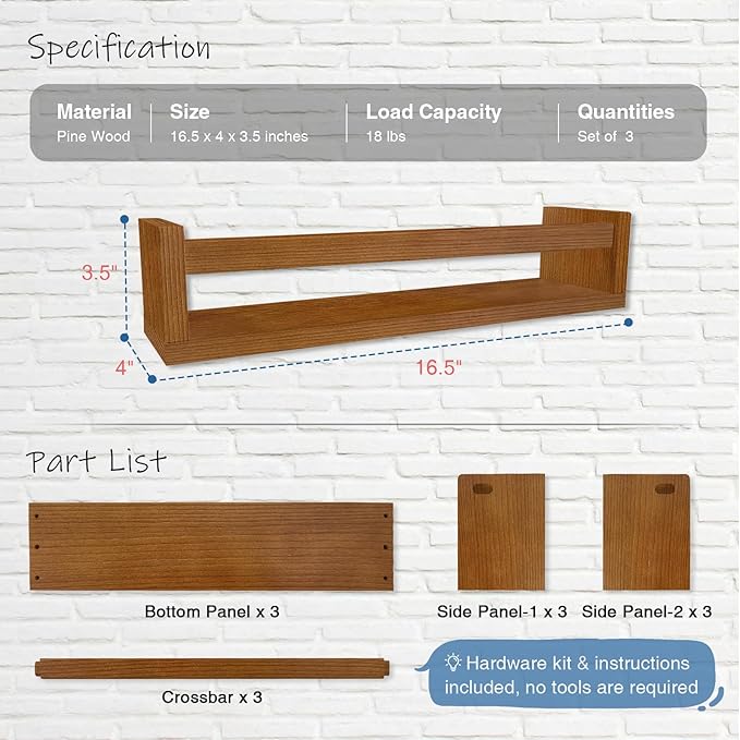 Harwaya Walnut Brown Nursery Book Shelves Wall Mounted, Wooden Floating Bookshelf for Kids Room Bedroom, Dark Wood Nursery Bookshelves for Kitchen Classroom Playroom (Solid Pine, 3-Pack)