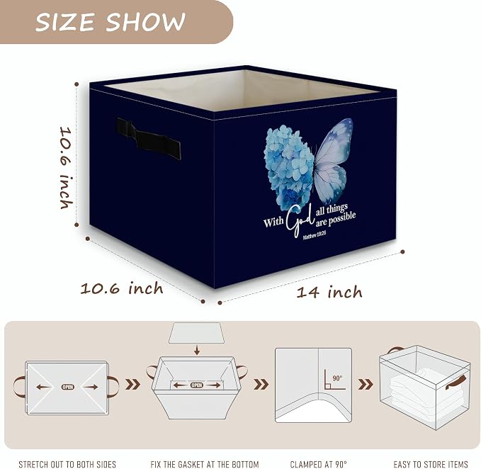 Navy Blue Christian Butterfly Foldable Storage Bins Box with Handles, With God All Things Are Possible Bible Verse Collapsible Organizer Basket for Bedroom Bathroom Clothes Toys Books