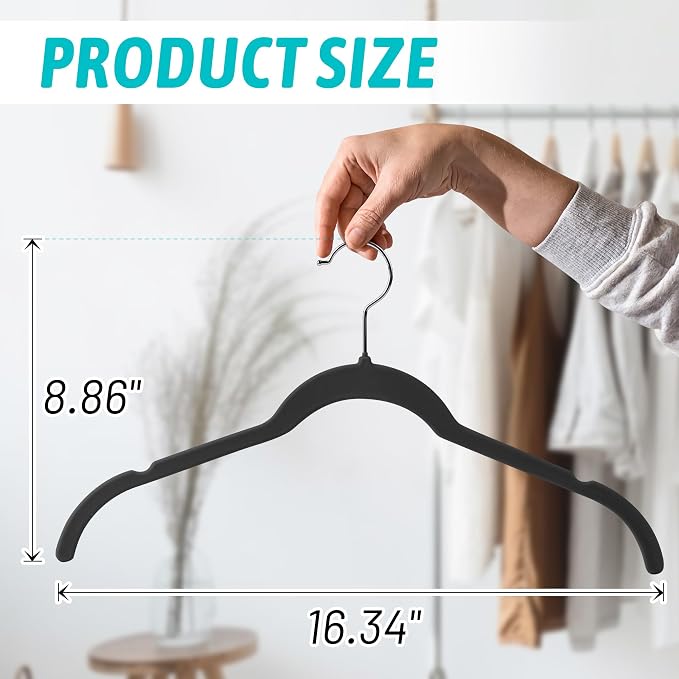 Sishynio Premium Velvet Hangers 50 Pack - Space-Saving Closet Organizer for Clothes, Non-Slip Flocked Design, Ideal for Shirts and Coats (Black)
