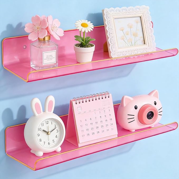 ROYALITA 2-Pack Acrylic Shelves Wall Mounted, 17 Inch Display Shelves | for Small Items Plants Organize Wall Shelves for Gaming Room, Bedroom, Living Room, Office, Pink