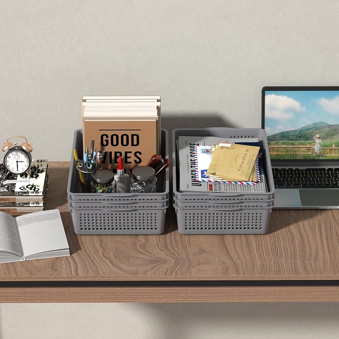 6-Pack A4 Paper Storage Trays, Desktop File Organizer Baskets, Grey | Organizing Desk Tray for A4 Papers, Classroom Storage Plastic Paper Bins, Fun Turn In Trays for Teachers and Students