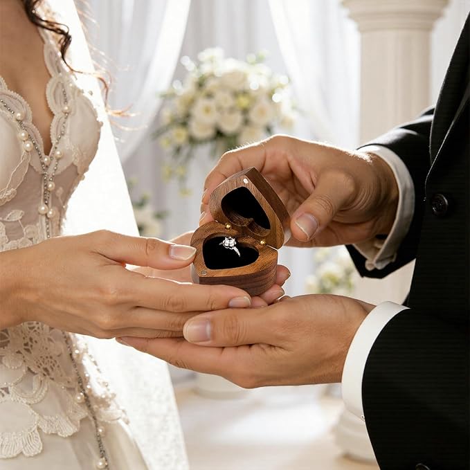 Engagement Proposal Ring Box Secret Slim Engraved Wooden Heart Case | Engrave"The adventure begins", Walnut Wood Ring Bearer Box Jewelry Storage Holder Display for Wedding Ceremony Commemoration