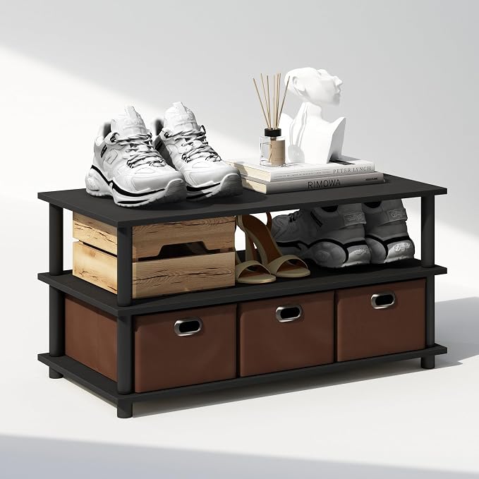 Furinno Turn-N-Tube Shoe Rack, 3-Tier Compact Shoe Organizer, Toolless Shoe Storage with Bin Drawers and Open Shelves, 15.5 x 31.2 x 15.4, for Closet Entryway, Office, Garage, Black Oak