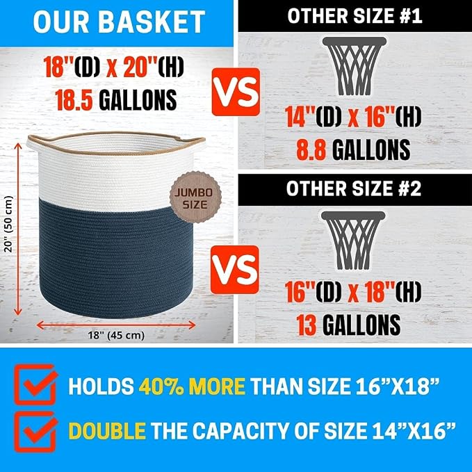 MINTWOOD Design 83L Extra Large 20x18 Inches Decorative Woven Cotton Rope Basket, Tall Laundry Basket Hamper, Blanket Basket for Living Room, Round Storage Baskets for Pillows, Towels, Prussian Blue