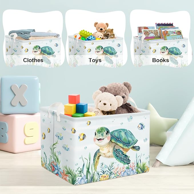 Clastyle Large Fish Sea Turtle Baby Basket Ocean Coral Seaweed Starfish Toy Book Shelf Basket Waterproof Pool Toy Beach Towel Storage Bin Collapsible Dirty Clothes Hamper, Blue, 40 * 30 * 30 cm
