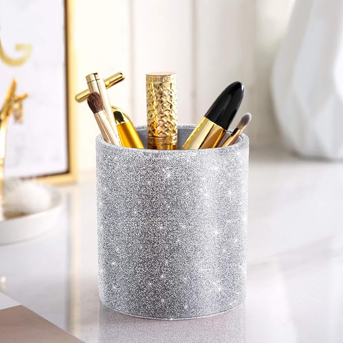 Glitter Pen Holder, Pencil Cup Desk Sparky Bling for Women Girls, Luxury Durable Makeup Brush Holder Large Pu Leather Multi-Functional Organizer Cup for Office, Classroom, Home, Silver
