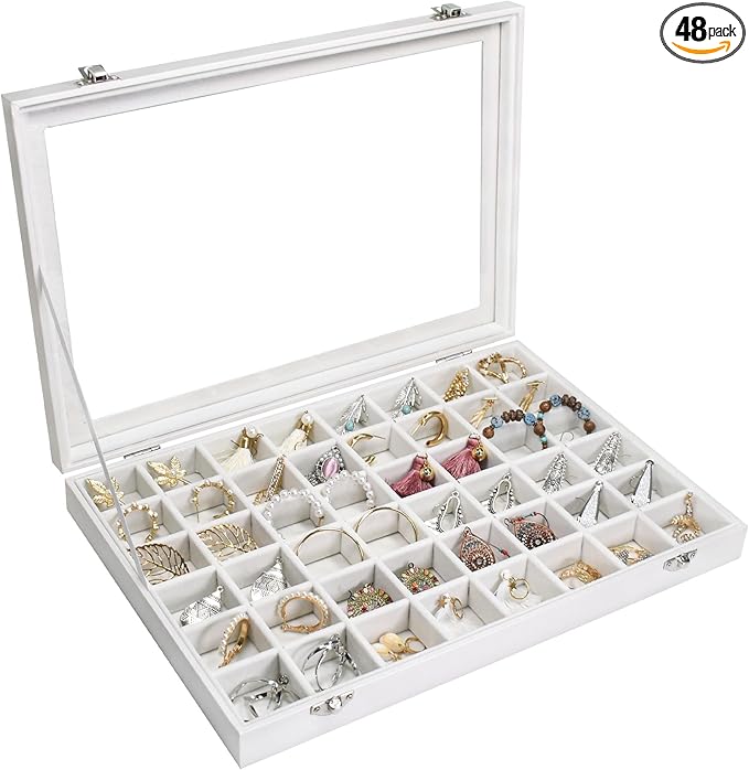 Siveit Jewelry Tray Organizer Box 48 Grid Jewelry Display Organizer Box with Transparent Lid Rings Earrings Necklaces Pendants Display Box Suitable for Women and Girls (48 Grid, White)