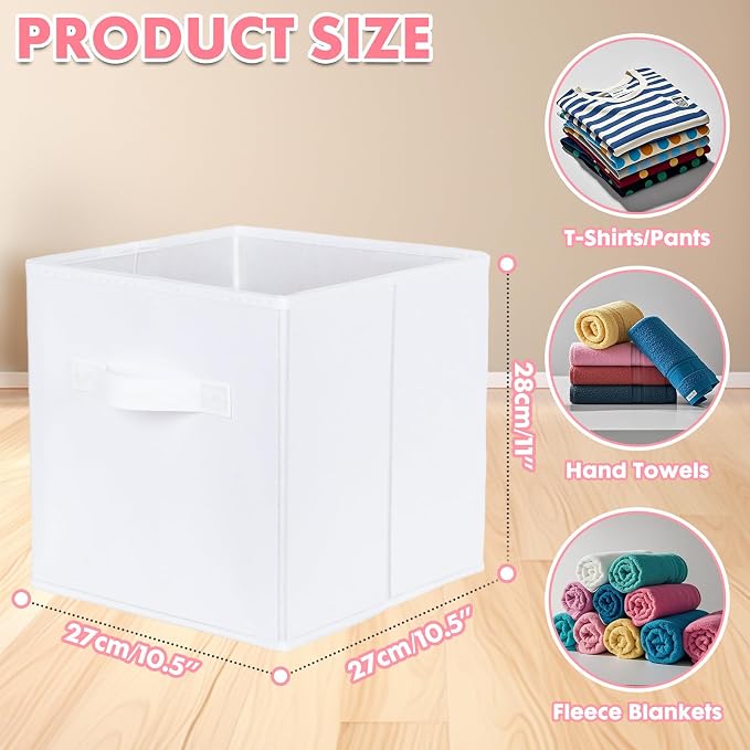 PowerKing Collapsible Storage Cubes with Handles, Fabric Foldable Bins for Closet Shelves, Durable Organization Storage Bins, 10.5'' x 11'' x 10.5'' (6Pack, White)