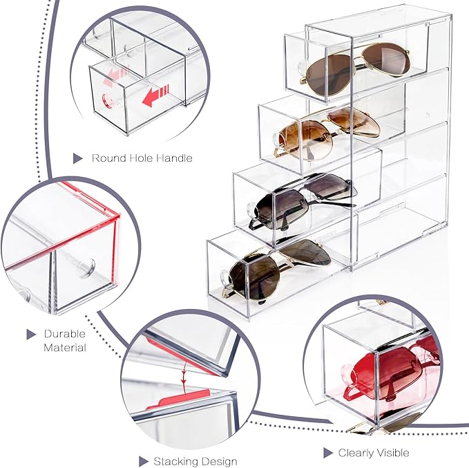 Desk Organizer with 12 Drawers, FODIENS 3 Packs Stackable Desktop Storage Box with Removable Drawer, Clear Sunglasses Organizer Display Case for Stationery Marker Pens Eyeglasses Office Supply