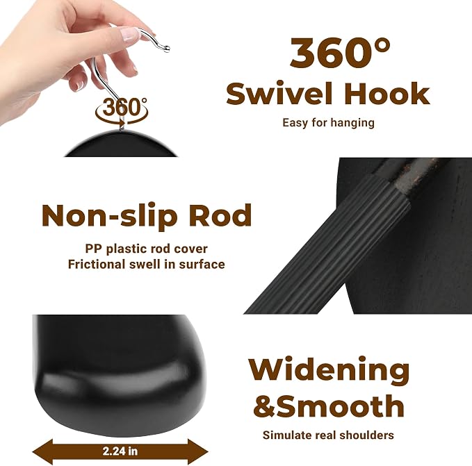 Coat Hanger 8-Pack, MEQUTION Wood Hangers Trouser Hangers Extra Wide Shoulder Wooden Hangers for Heavy Coat, Sweater, Skirt, Suit, Pants, Retro Finish (Black)