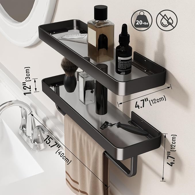 Danpoo 16-Inch Black Floating Bathroom Shelves with Towel Bar， Clear Tempered Glass Wall Shelf 2-Pack – Versatile Bathroom Organizer Set