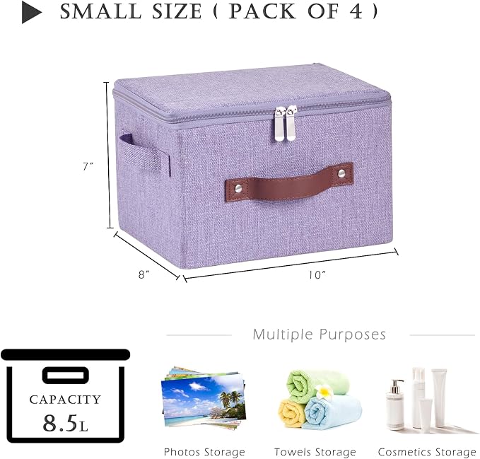 4 Pack Storage Bins with Zipper Lid Cotton Linen Fabric Lidded Storage Baskets Boxes Foldable Washable Closet Shelf Clothes Organizer Container with PU Leather Handles (Purple, Small)